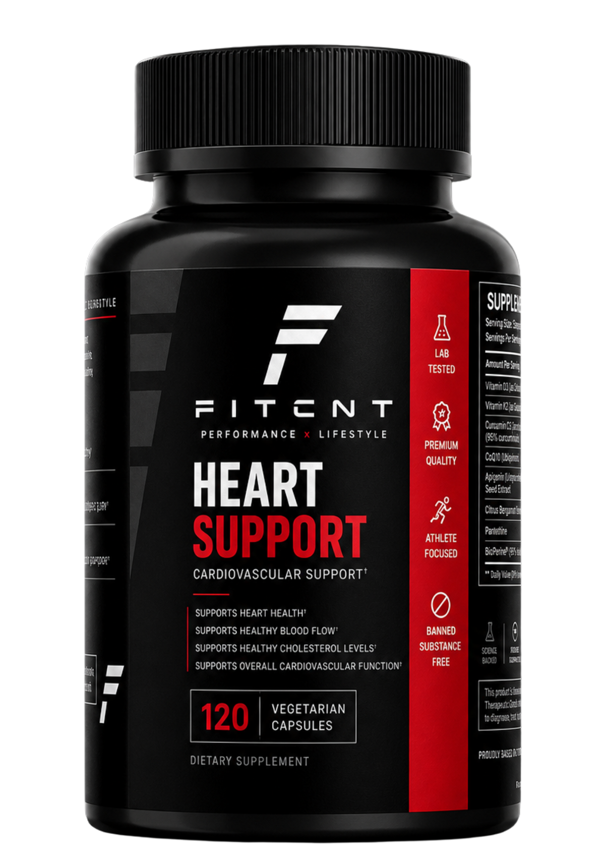 FITCNT Heart Support bottle — cardiovascular health supplement, 120 vegetarian capsules, with CoQ10, Citrus Bergamot, Curcumin, Vitamin D3 and K2