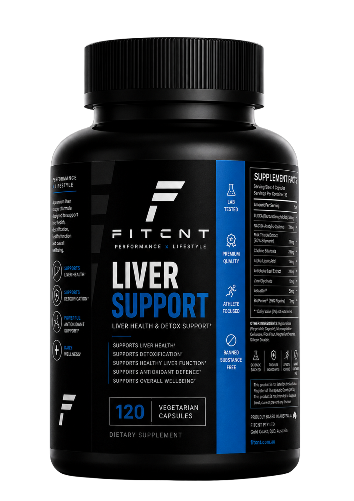 FITCNT Liver Support bottle — liver health and detox supplement, 120 vegetarian capsules, with TUDCA, NAC, milk thistle, choline, ALA and artichoke